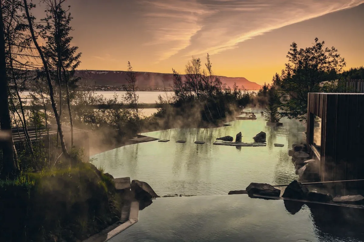 A geothermal lagoon among birch trees at sunset