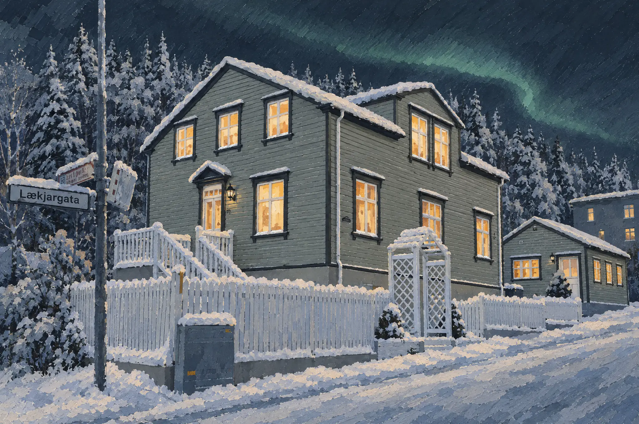 A painting of the house at Lækjargata 3 on a winter night: snow on the roof and the white fence, warm light in every window, and the northern lights over the trees on the hill